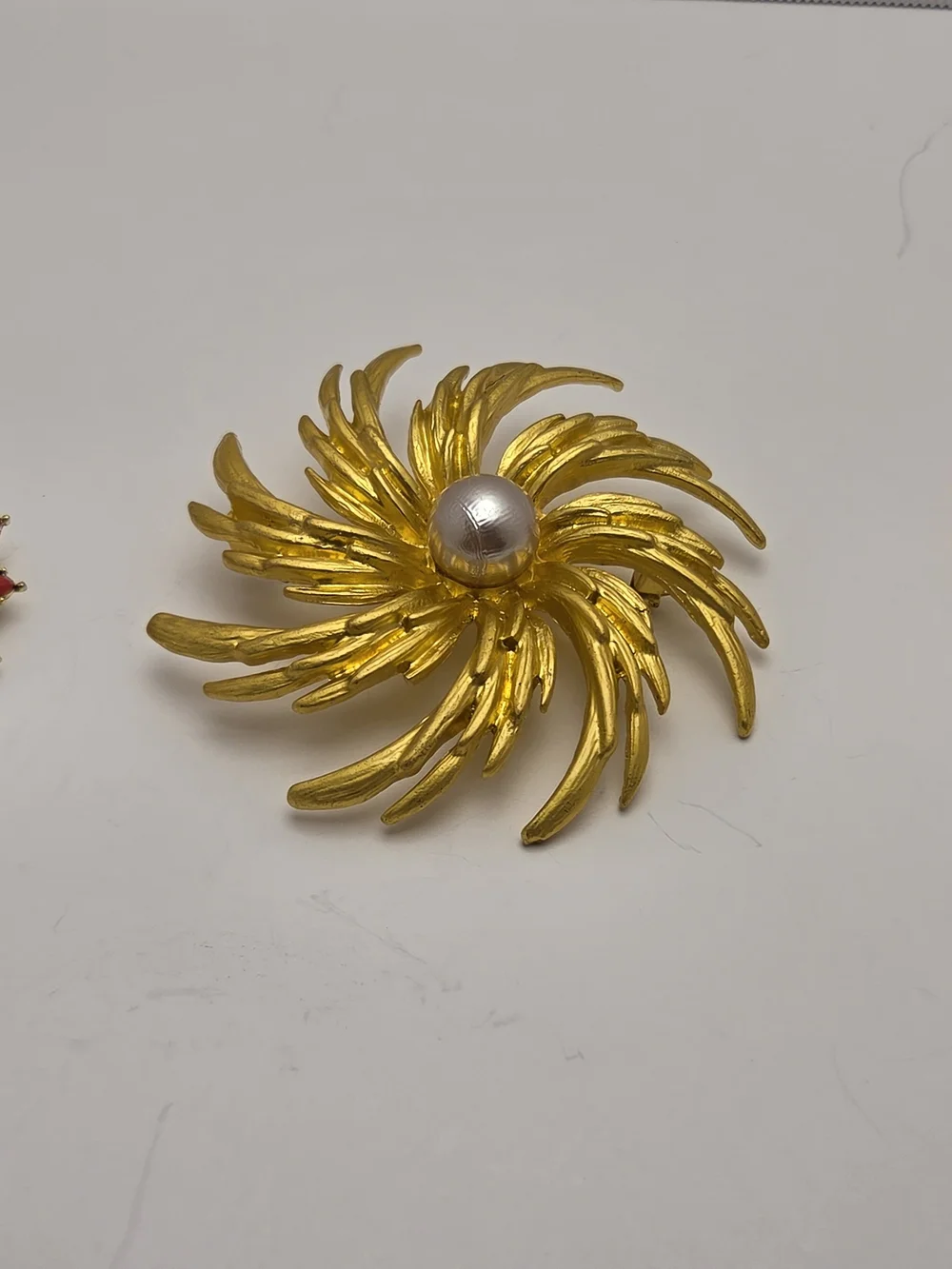 Gold and Red Floral Brooch Trio - Classic Gold & Red Accents